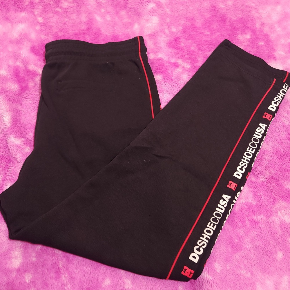 DC Shoes Mens XL Track Pants Black Red Side Logo Tape Joggers